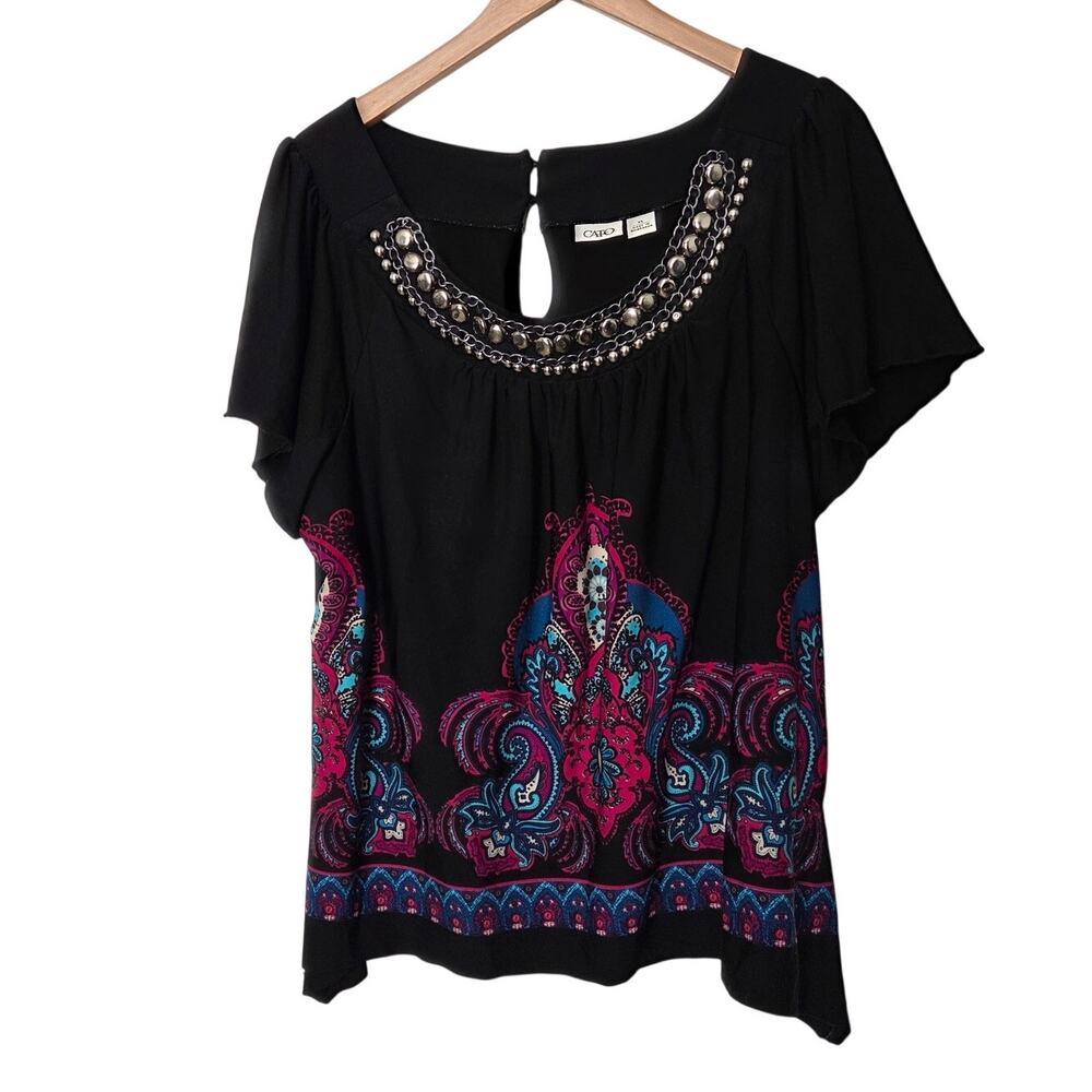 Cato Black Floral Paisley Embellished Flutter Sleeves Blouse Casual Top Size XL